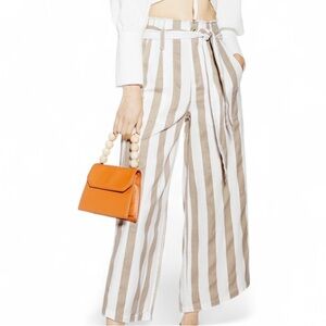 Topshop Striped Wide Leg Cropped Trousers Stone